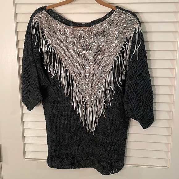 Crochet Leather Top with Contrasting White V Shape Fringe - Picture 1 of 6